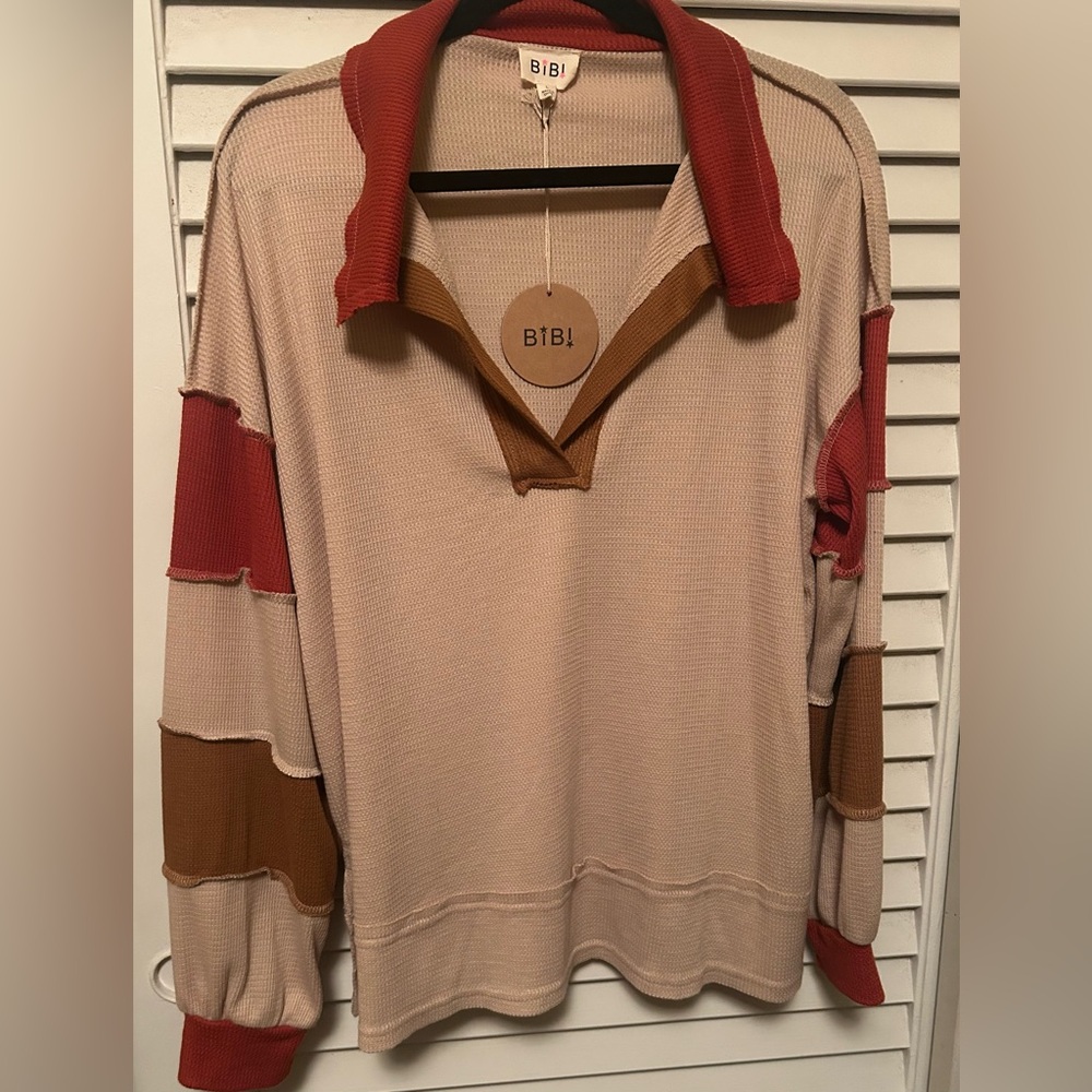BiBi‎ Beige and Red Women's Blouse with Brown Accents